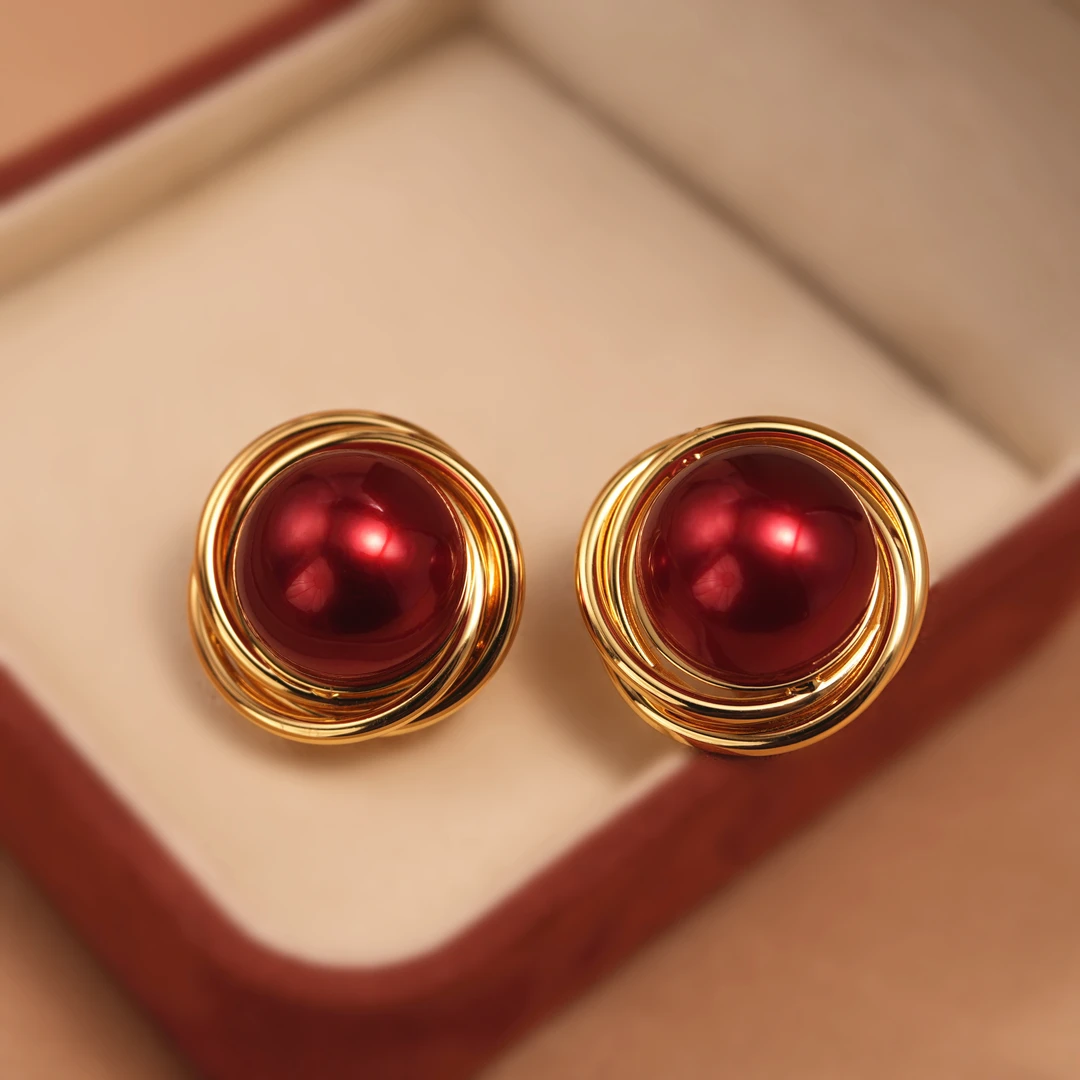 铜合金仿珍珠耳饰 法式复古宫廷风酒红珍珠耳钉高级感喜庆轻奢ins