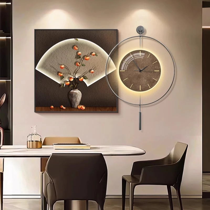 新款餐厅装饰画侘寂风客厅饭厅餐桌背景墙钟表挂钟新中式饭厅挂画