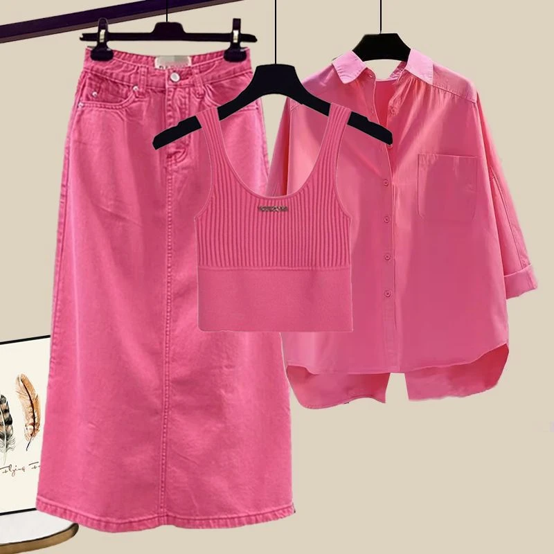 大码女装夏季套装女2025新款洋气多巴胺辣妹背心衬衫半身裙三件套