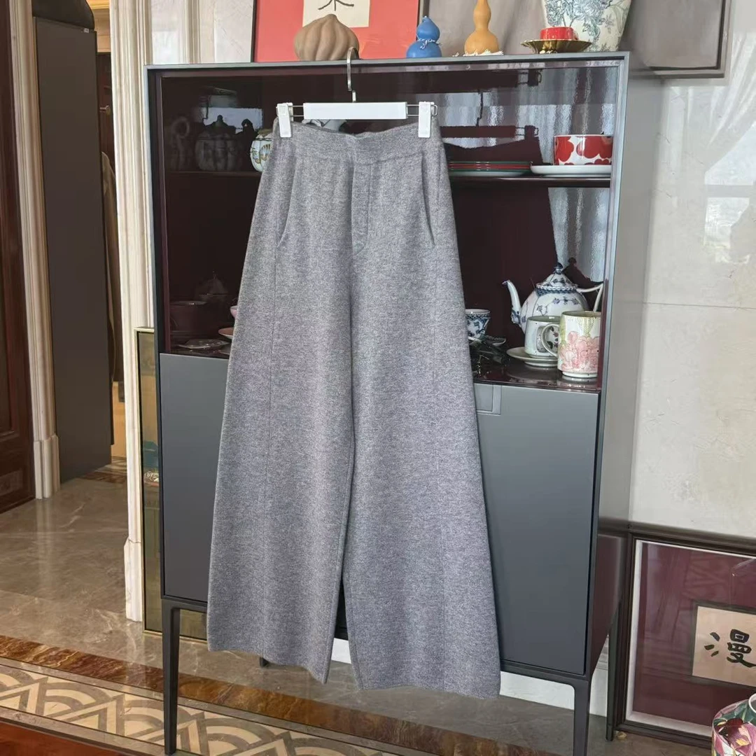 MYL 2025秋冬新品丝绒灰色针织休闲裤中腰直筒时尚纯色阔腿长裤