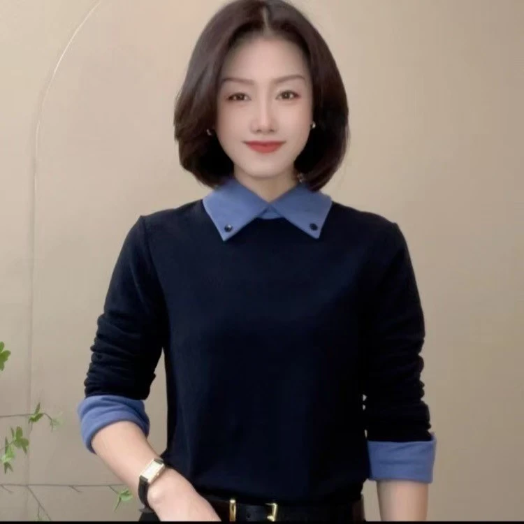 设计感撞色翻领长袖打底衫女2025秋冬新款妈妈装气质百搭显瘦1278