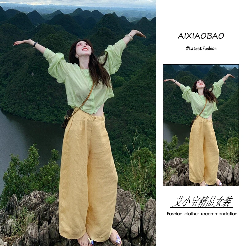 夏季2025年新款女装韩系穿搭慵懒风简约显白防晒衬衫阔腿裤两件套