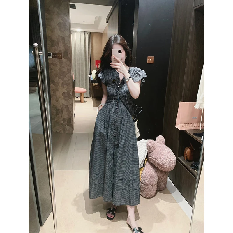 韩系经典小众格纹连衣裙女夏季小个子通勤复古泡泡袖收腰中长裙子