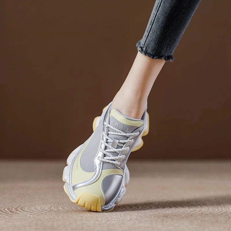 欧洲站夏季透气超火老爹鞋女2025新款女鞋厚底黄色飞织运动鞋增高