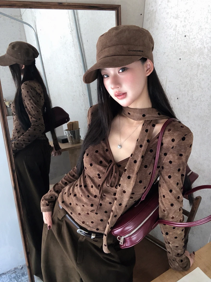 长袖打底衫女早秋2025新款今年流行爆款波点t恤慵懒风上衣