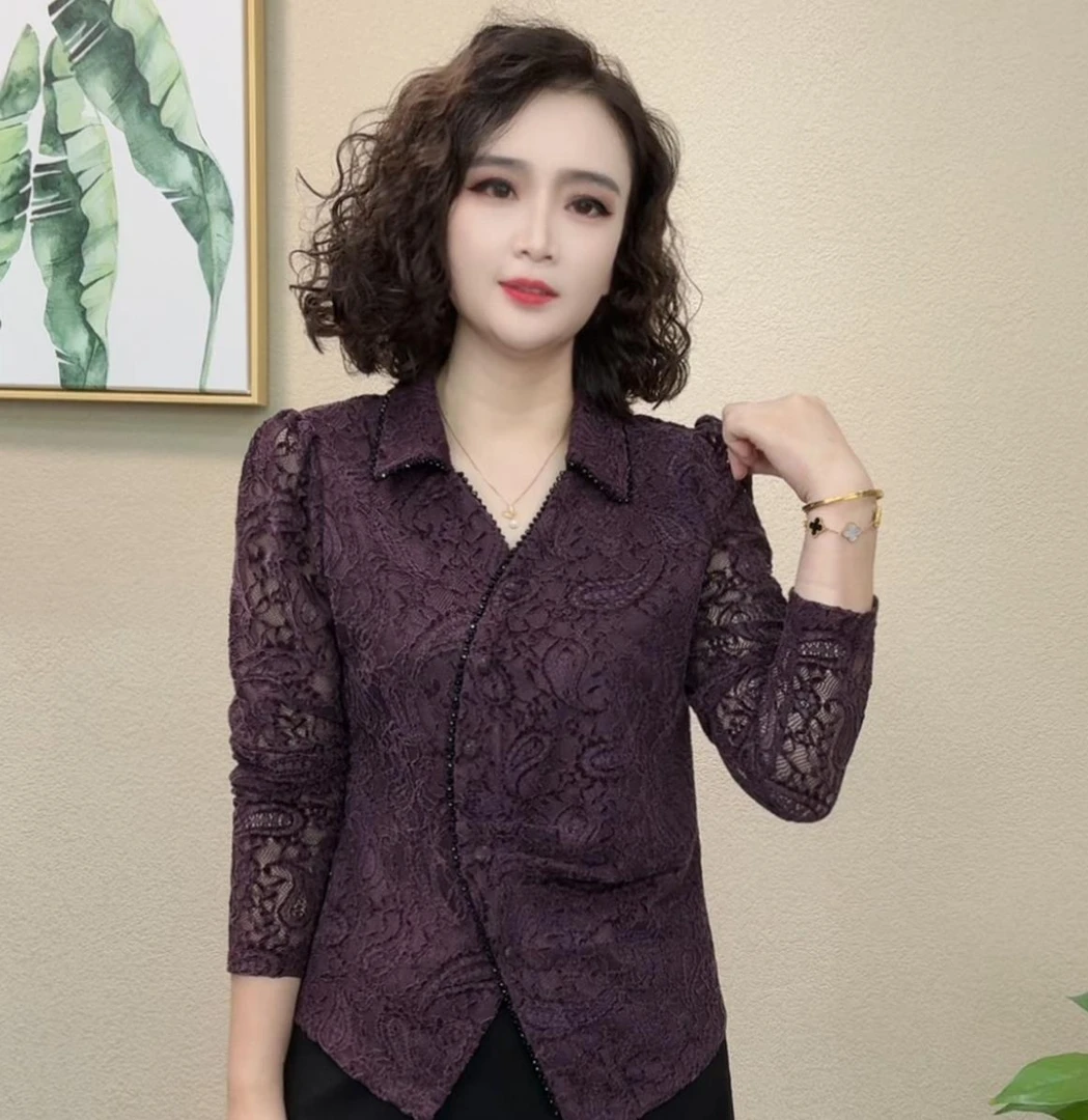 2025秋季新款洋气时尚衬衫领气质修身百搭蕾丝长袖上衣#54796