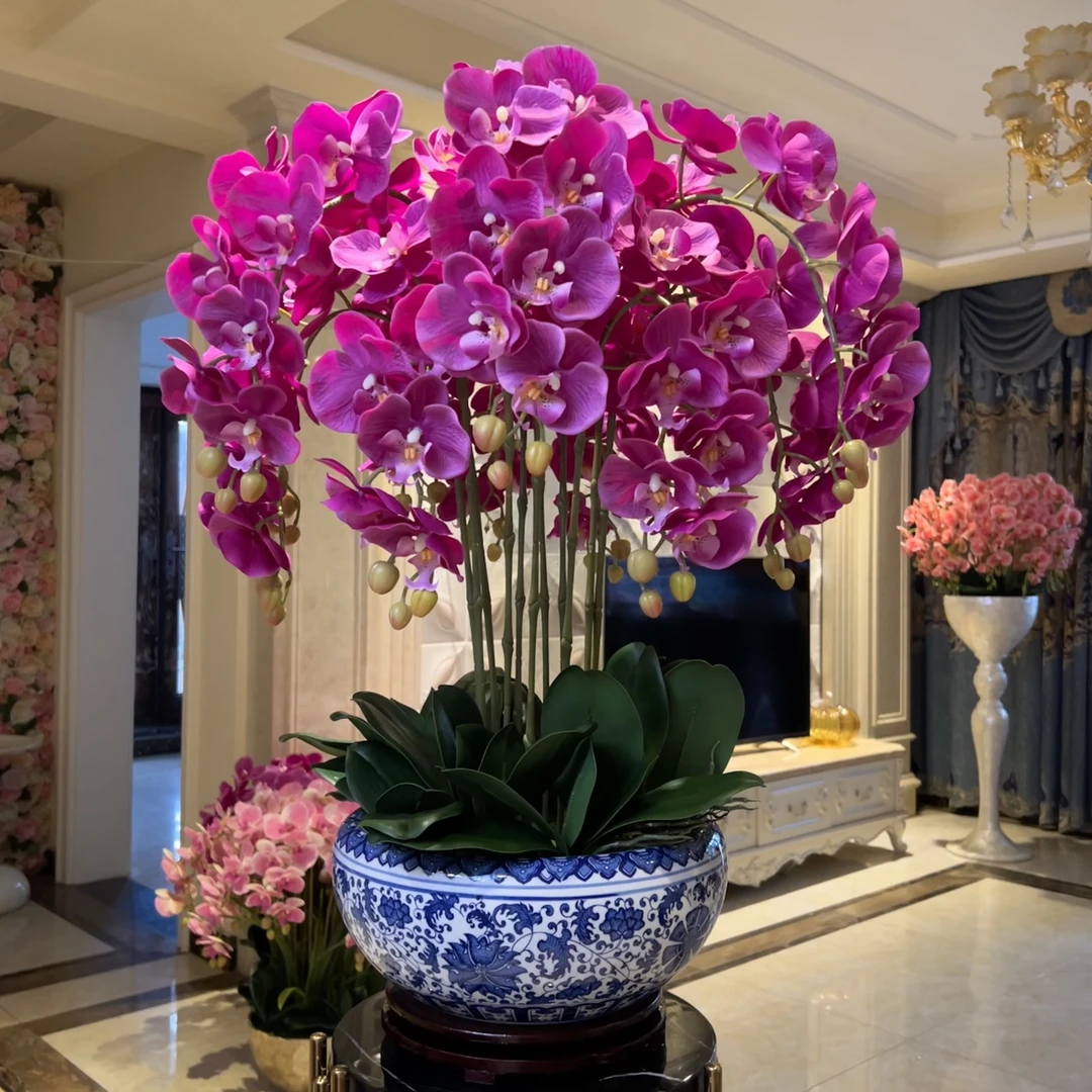 花妍青花盆手感保湿仿真蝴蝶兰盆栽套装酒店大堂玄关家居摆放摆件