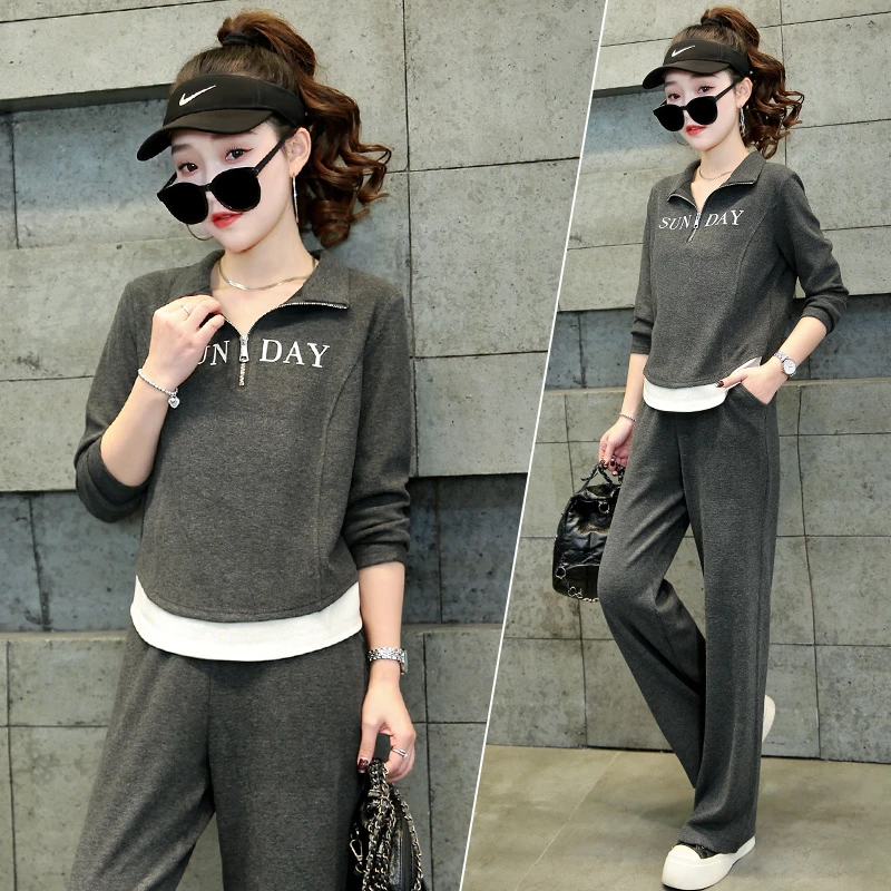 运动休闲套装女春秋装2025新款洋气质显瘦假两件卫衣阔腿裤两件套