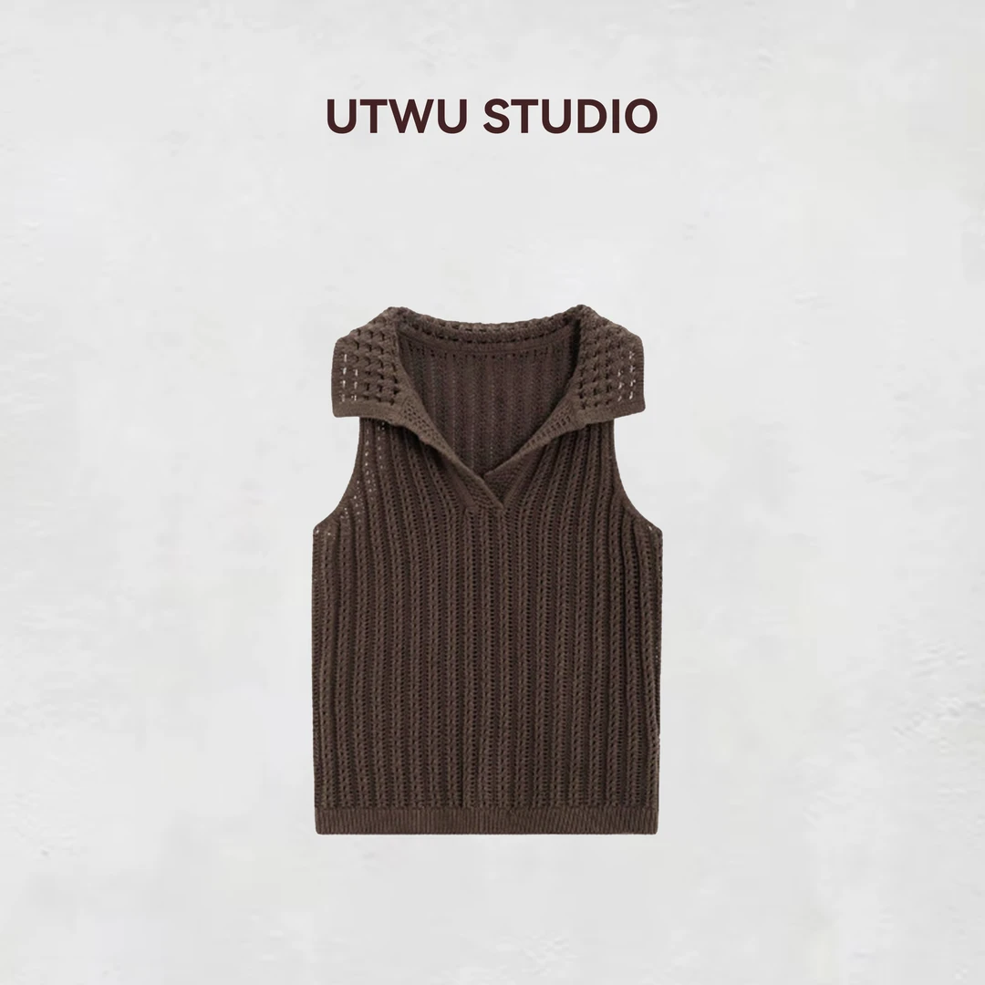 小敏「法式摩卡」夏季1oo棉复古镂空针织翻领无袖背心S25C1064