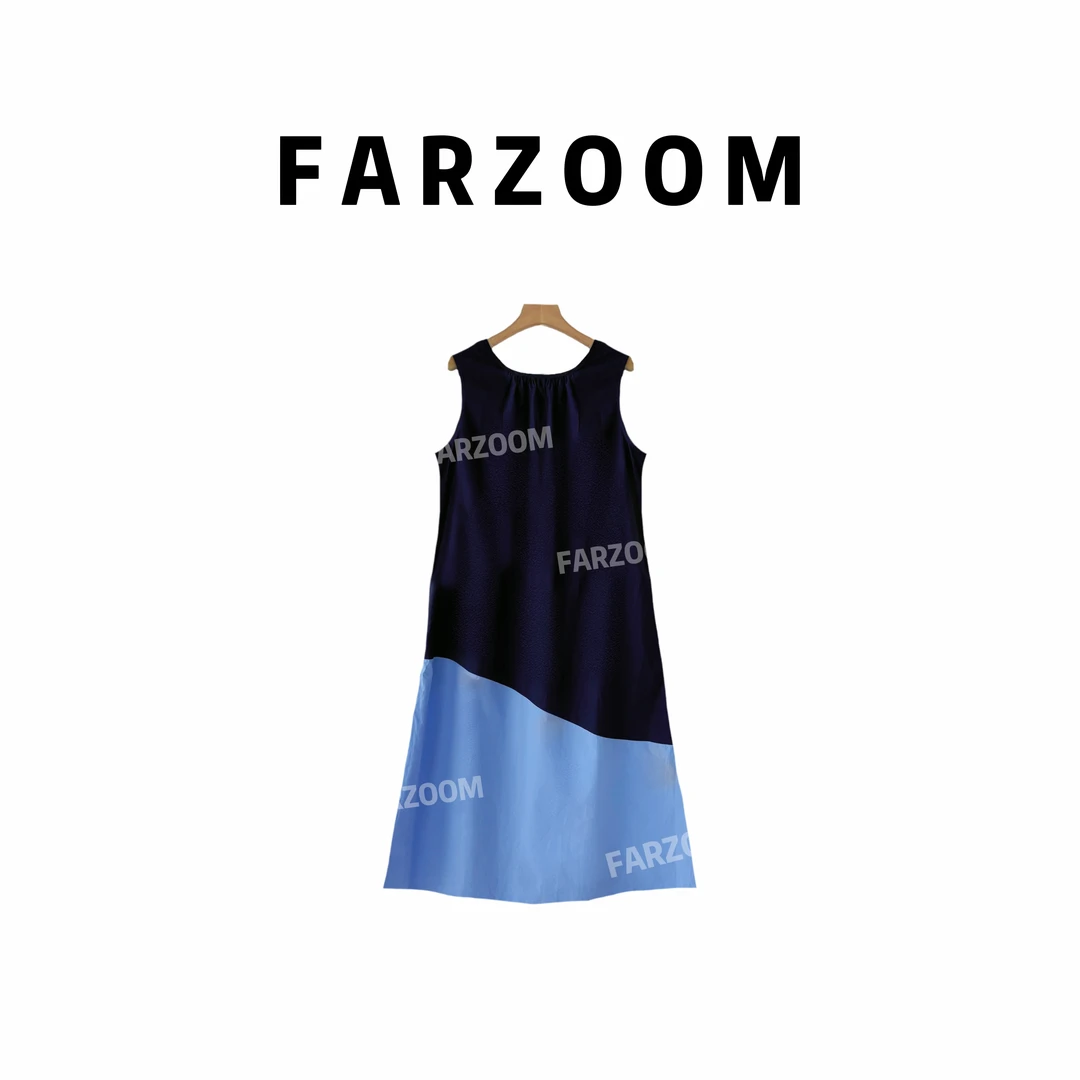 FAR ZOOM 夏日色彩不规则撞色褶皱宽松无袖极简连衣裙-24422858