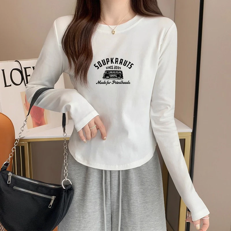 新款纯棉2025春秋纯色长袖打底衫圆领弧形T恤女上衣舒适显瘦百搭