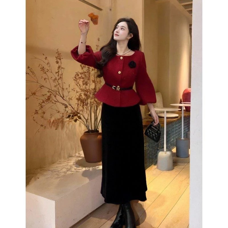 冬季穿搭一整套感小个子红色新年战袍秋韩小小个子辣妹套装