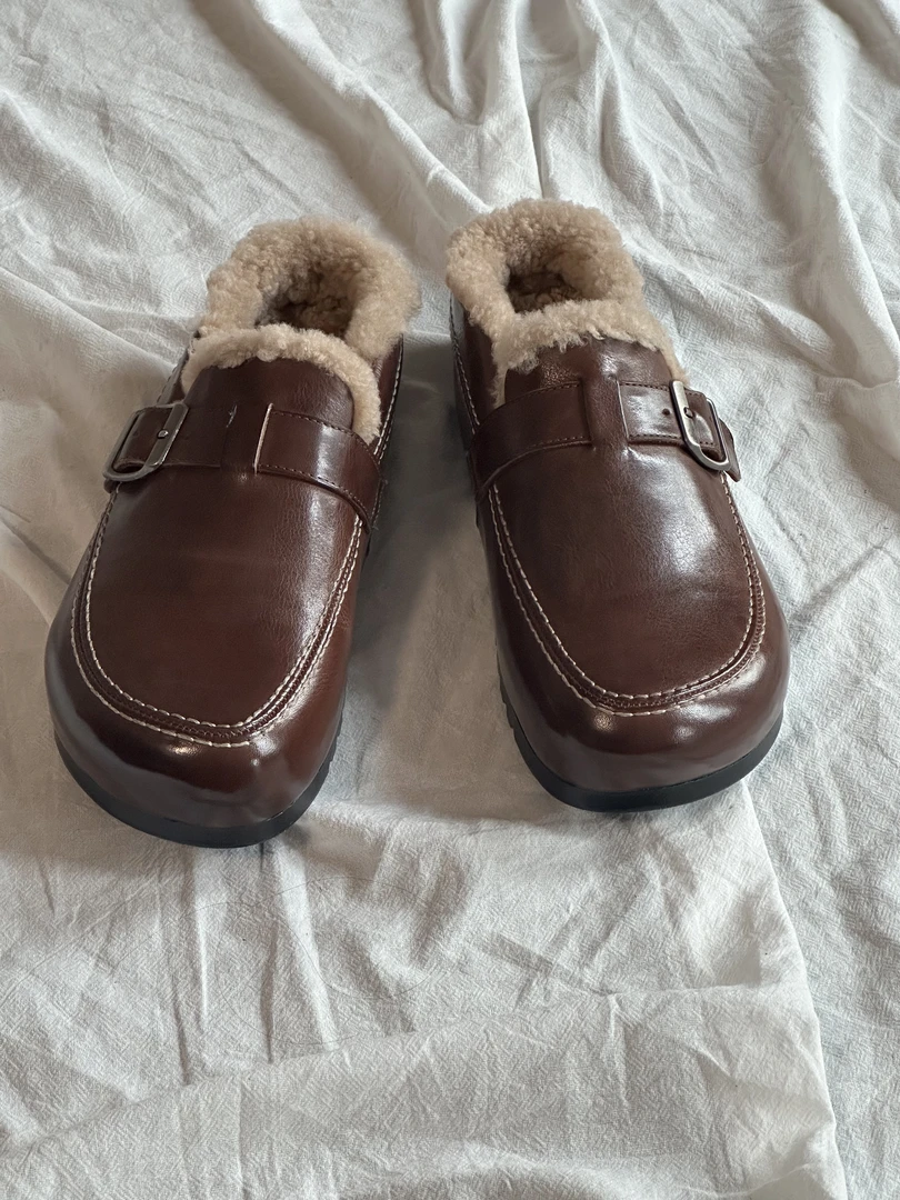 丨一朵丨博肯厚底增高皮带扣羊羔毛牛皮拖鞋乐福鞋