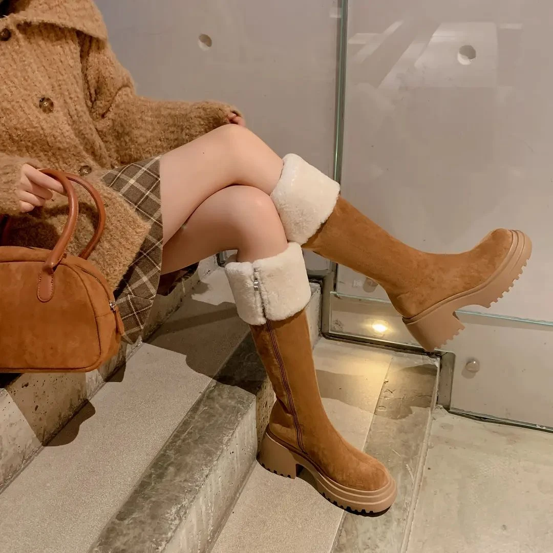 8cm厚底秋冬雪地靴女加厚时尚百搭高跟粗跟圆头加绒中筒显瘦保暖