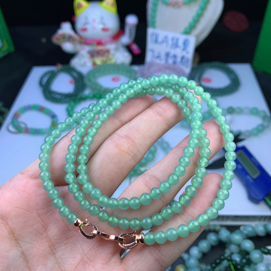 正品天然翡翠A货冰种冰晴水绿小米珠项链女士多圈4-5m时尚轻奢