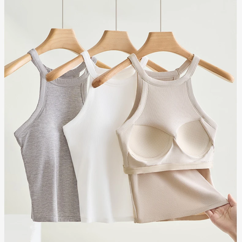 时尚辣妹挂脖吊带背心带胸垫固定杯修身显瘦内衣女螺纹内搭外穿x