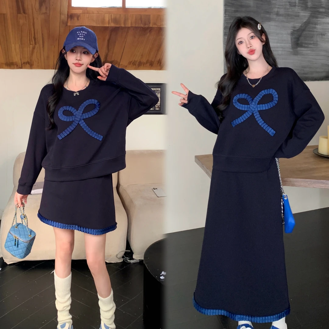 大码女装蝴蝶结卫衣半身裙两件套装2025早春新款胖mm巨显瘦一整套