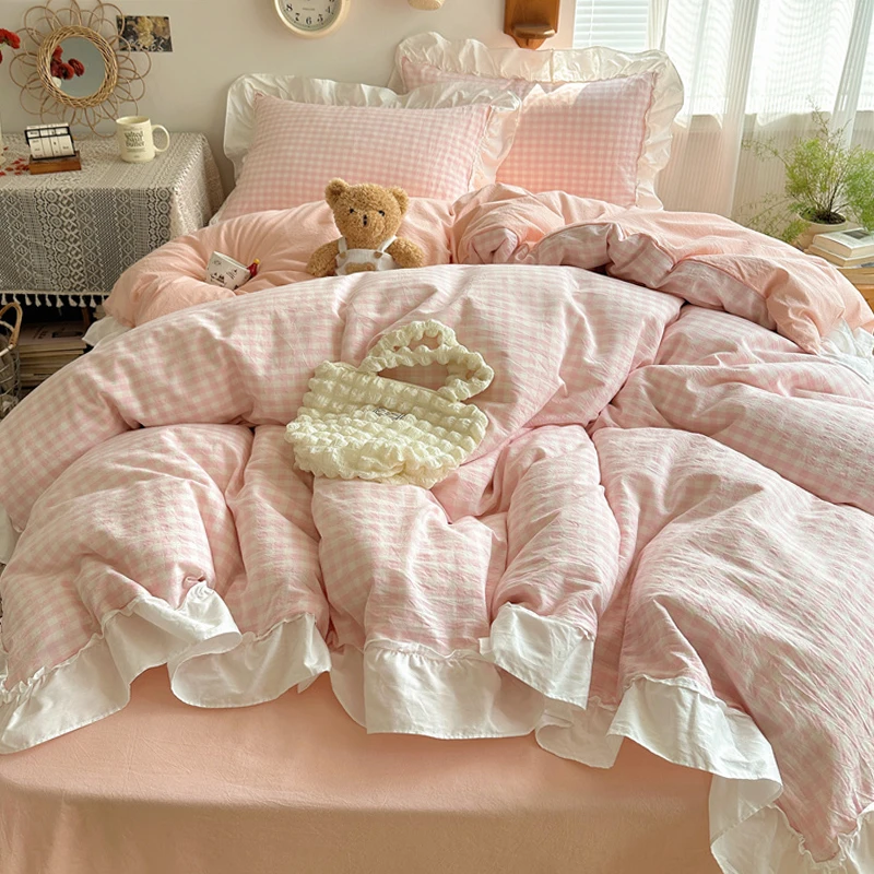 粉色格子纯棉水洗棉床上四件套全棉被套床单三件套公主风少女ins