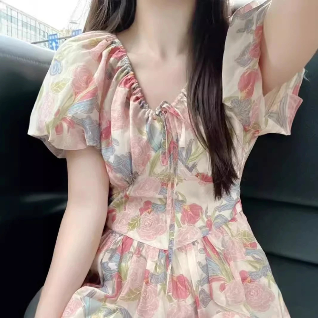 夏季新款衣服女装多巴胺茶歇法式桔梗穿搭气质粉色短袖连衣裙子女