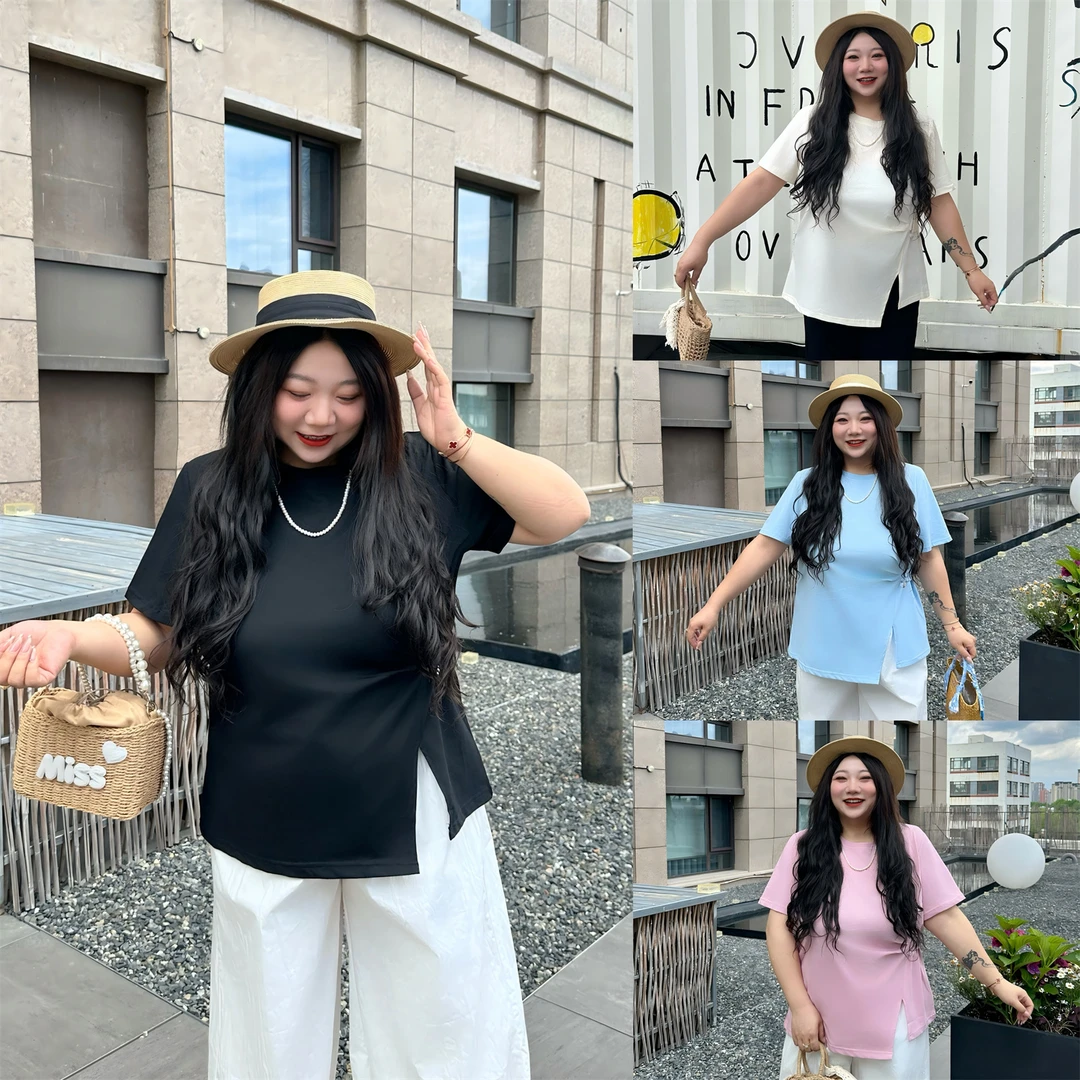 罗莱夏朵 / 冰氧棉不规则短袖T恤14972花契大码200斤胖mm宽松减龄