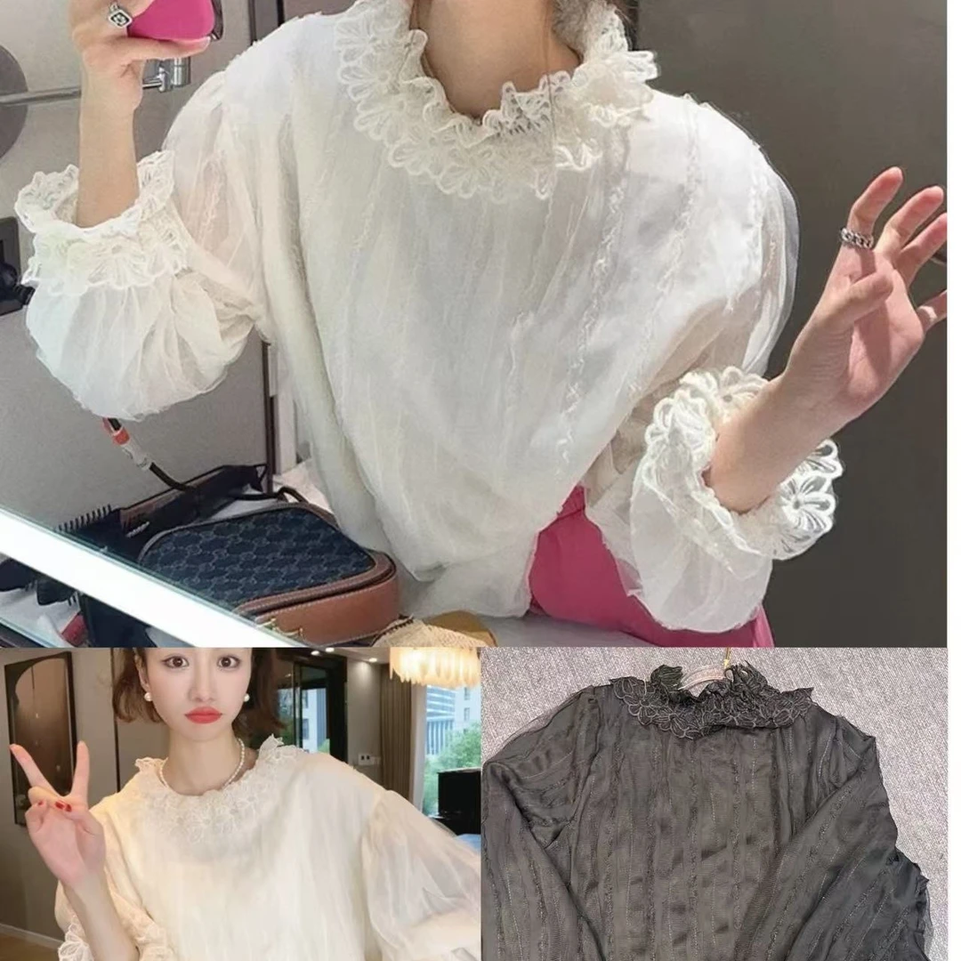 L L琳大码女装胖mm米白色双层花朵领口花朵袖打底衬衫上衣5804