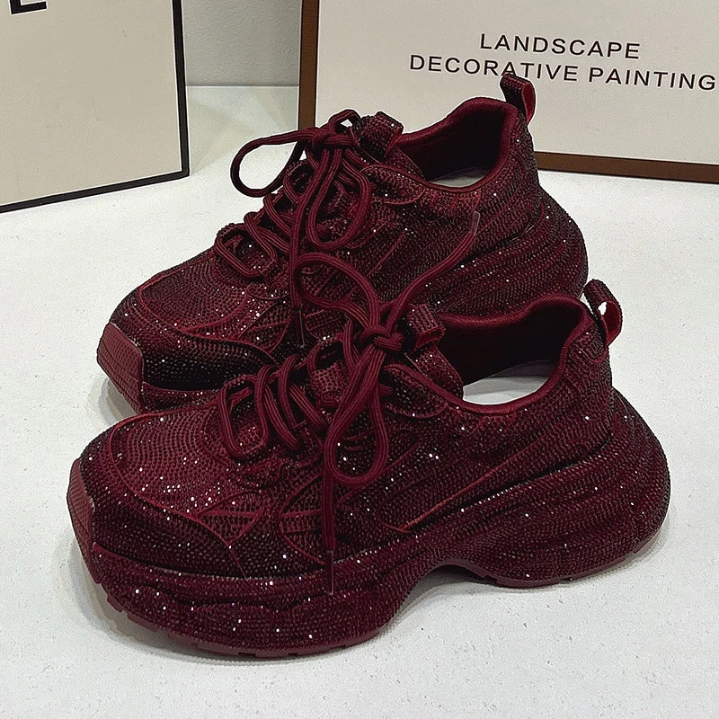 纪诗哲夏季女鞋轻奢时尚满钻老爹鞋红色潮新款百搭厚底休闲运动鞋