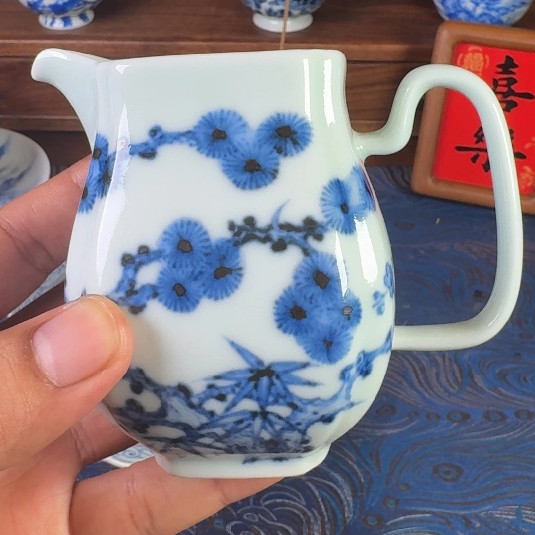 景德镇全手工手绘仿元青花松竹梅公道杯