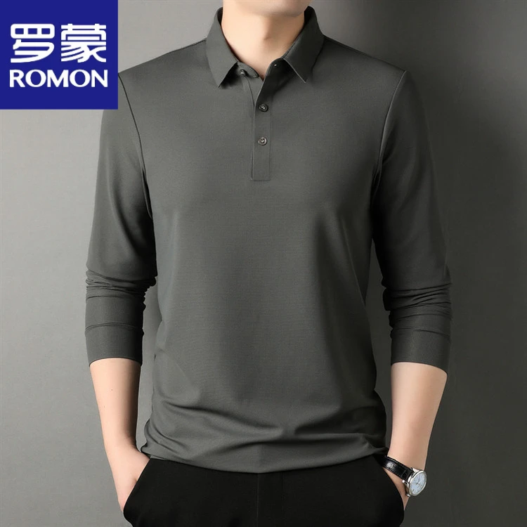 罗蒙长袖翻领T恤2025秋季男新款纯色无痕休闲商务POLO衫男士上衣