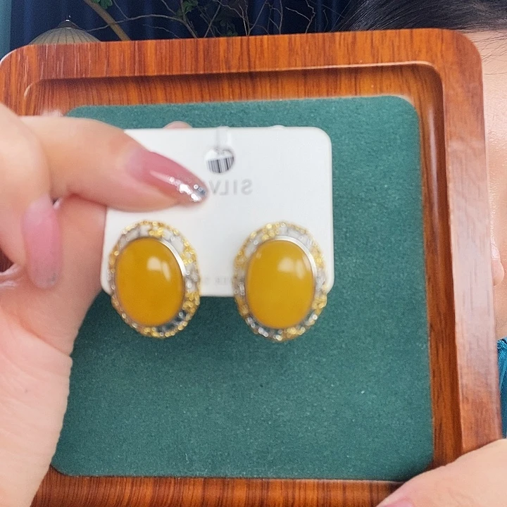 银S925镶嵌蜜蜡耳饰耳钉