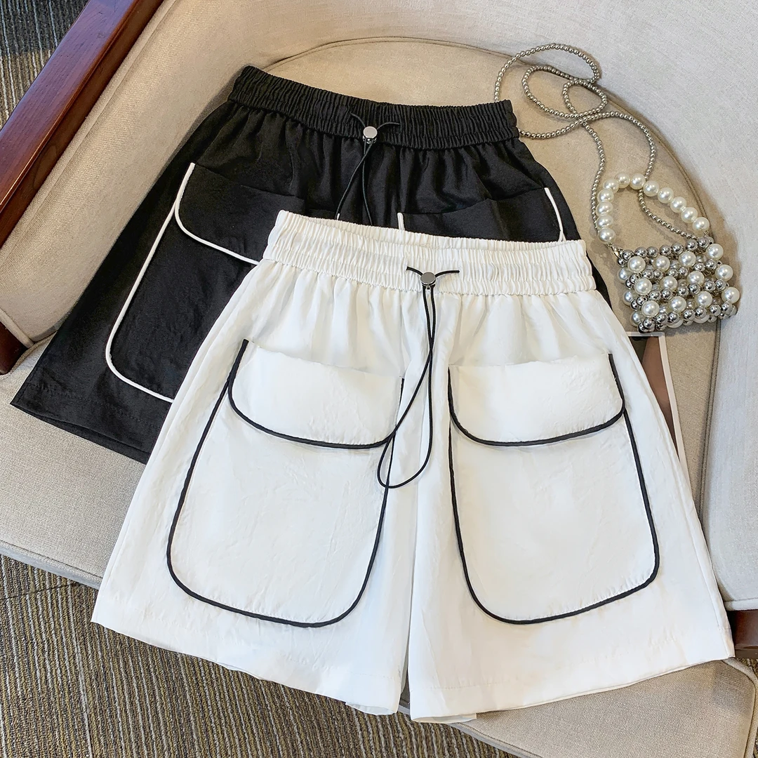 大口袋冰丝速干工装短裤女夏外穿新款爆款松紧腰宽松阔腿休闲热裤