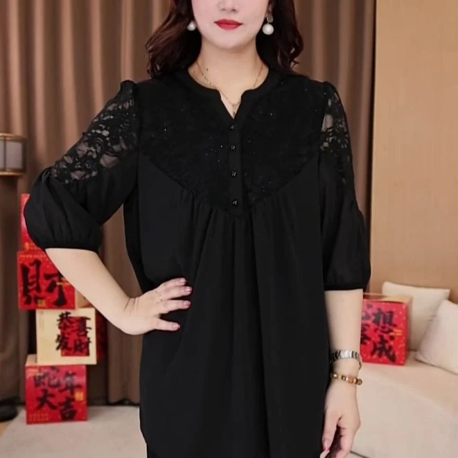 丹思慕大码女装高端春夏蕾丝洋气休闲宽松遮肉显瘦短袖250725