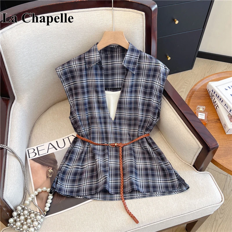 拉夏贝尔小飞袖格子V领正肩短袖T恤女2025夏季叠穿收腰上衣两件套