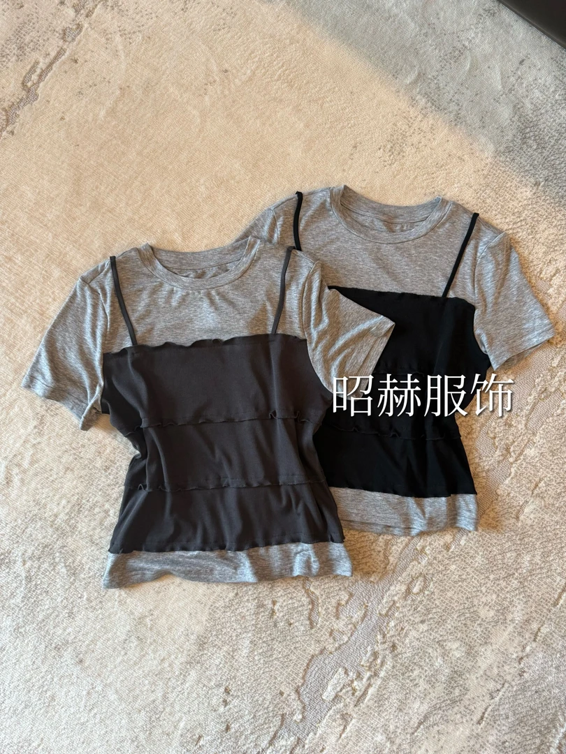 ZHUOXIXI【窈窕淑女】夏季纯欲风拼接波浪边正肩显瘦短袖-66201