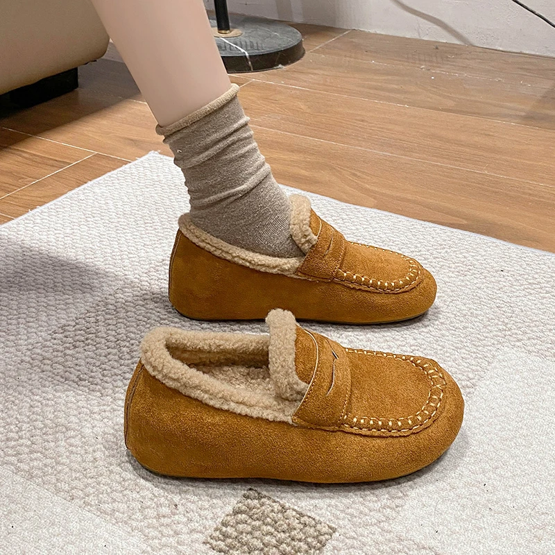 日系加绒勃肯鞋女2025冬季新款懒人一脚蹬豆豆鞋孕妇平底保暖棉鞋