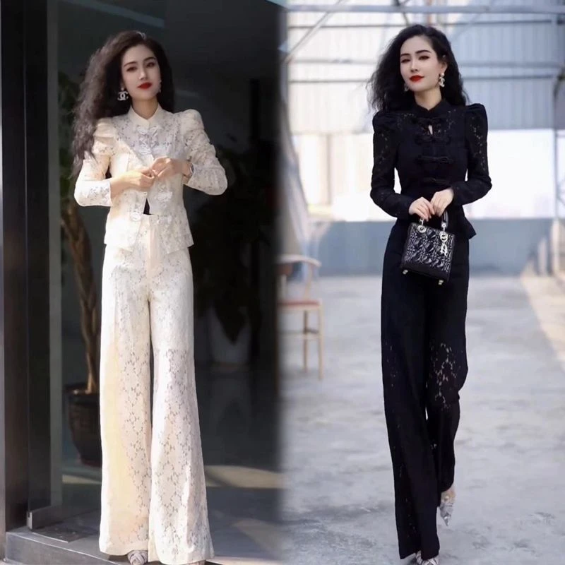 2023春夏季新款中式国潮民族风蕾丝盘扣唐装时尚套装女两件套