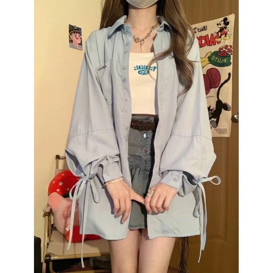 蓝色长袖衬衫外套女春夏中长版慵懒风设计感小众绑带宽松防晒衬衫