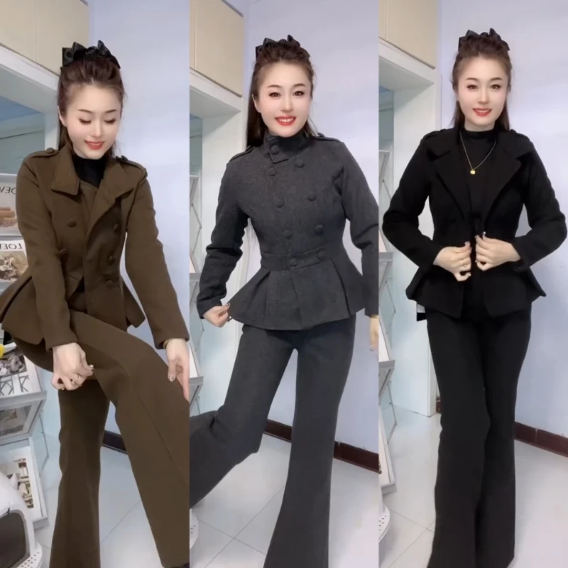 秋冬新款气质时尚减龄修身显瘦套装女长袖高品质气质两件套阔腿裤