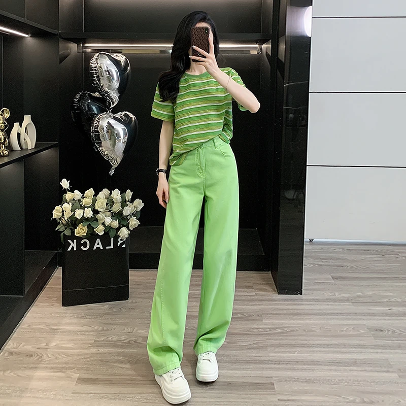 夏季新款女装时尚韩版休闲减龄短袖高腰绿色牛仔裤洋气显瘦套装