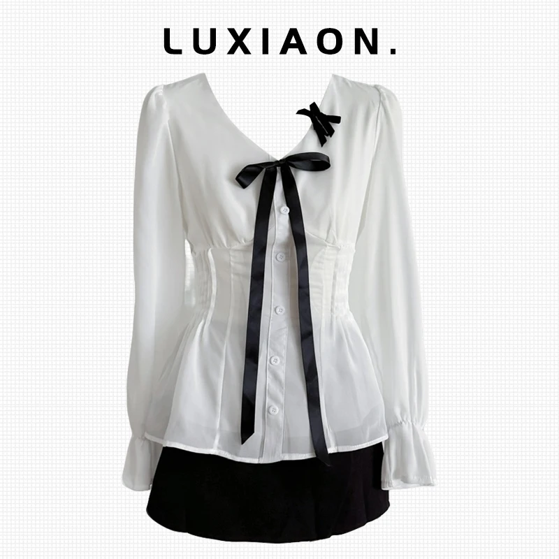 小香风蝴蝶结长袖衬衫女秋季2025新款高腰显瘦半身裙气质两件套潮