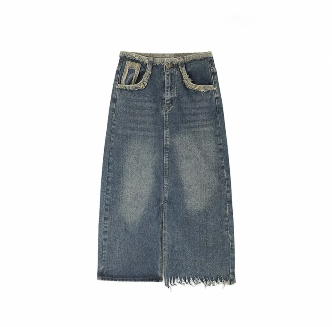 298 港风做旧复古设计款高腰百搭不规则牛仔半身裙（A018）