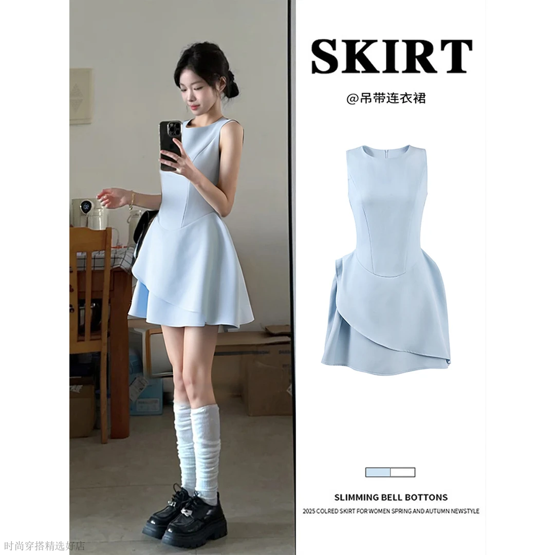 蓝色赫本风无袖连衣裙夏日绝美小裙子不规则独特漂亮掐腰气质短裙
