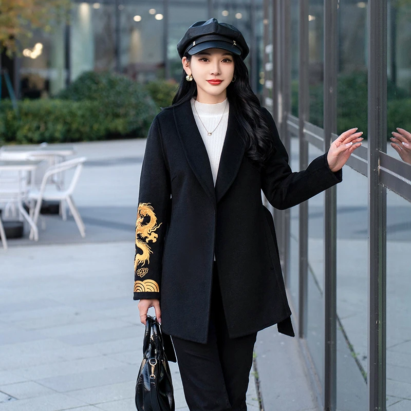 2025年新款双面羊绒大衣女秋冬新款刺绣龙年热卖款