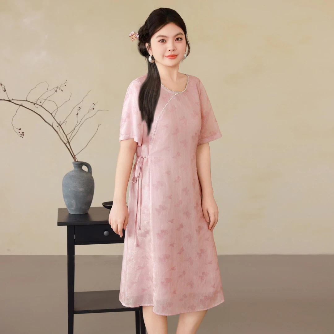 【新中式国风】MsShe大码女装秋装提花钉珠显瘦连衣裙子X~E2507028
