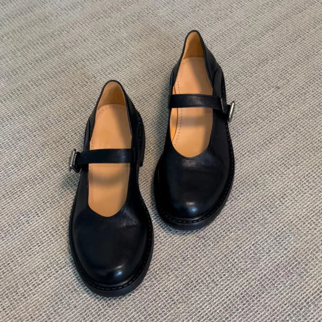 羊皮版复古圆头真皮乐福鞋小皮鞋英伦风厚底单鞋一字带玛丽珍鞋女