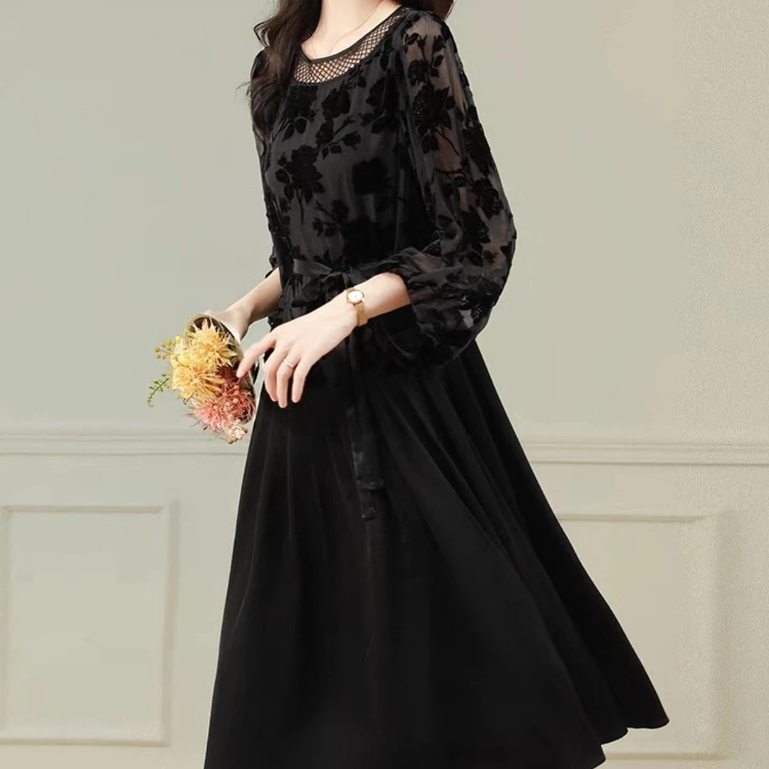 【丝南】100%桑蚕丝丝绒舒适显瘦宽松时尚复古镂空连衣裙 2Q313