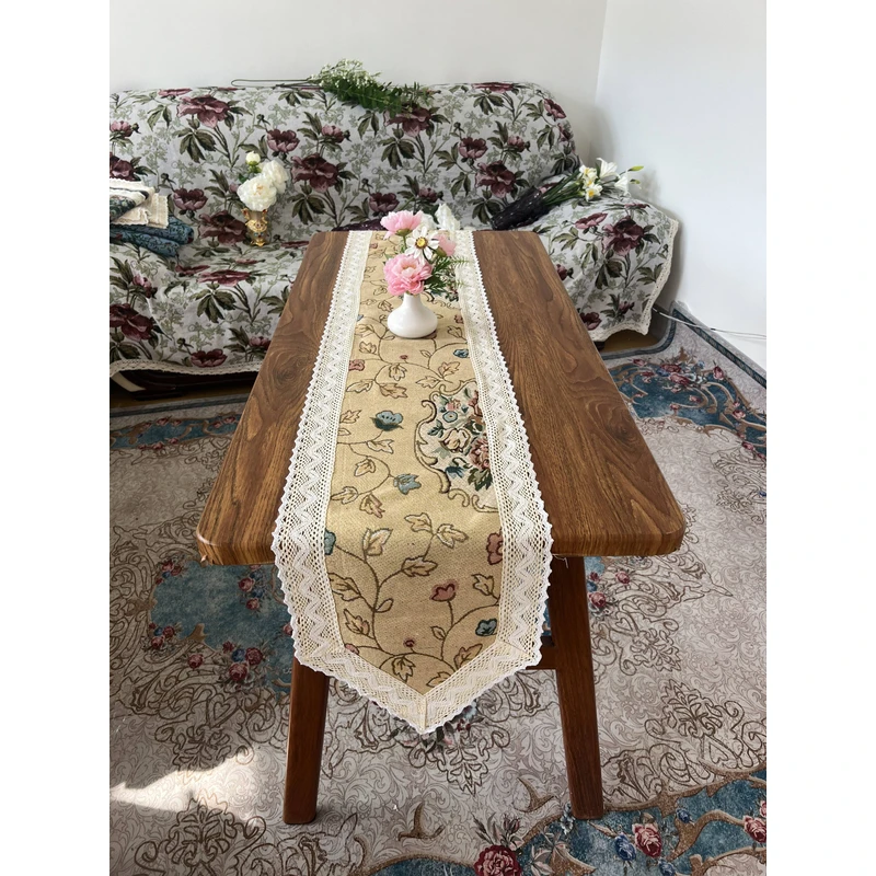 ZN124-264棉麻【30*180】枝繁叶茂牡丹花棉麻交织桌布茶几布多功能