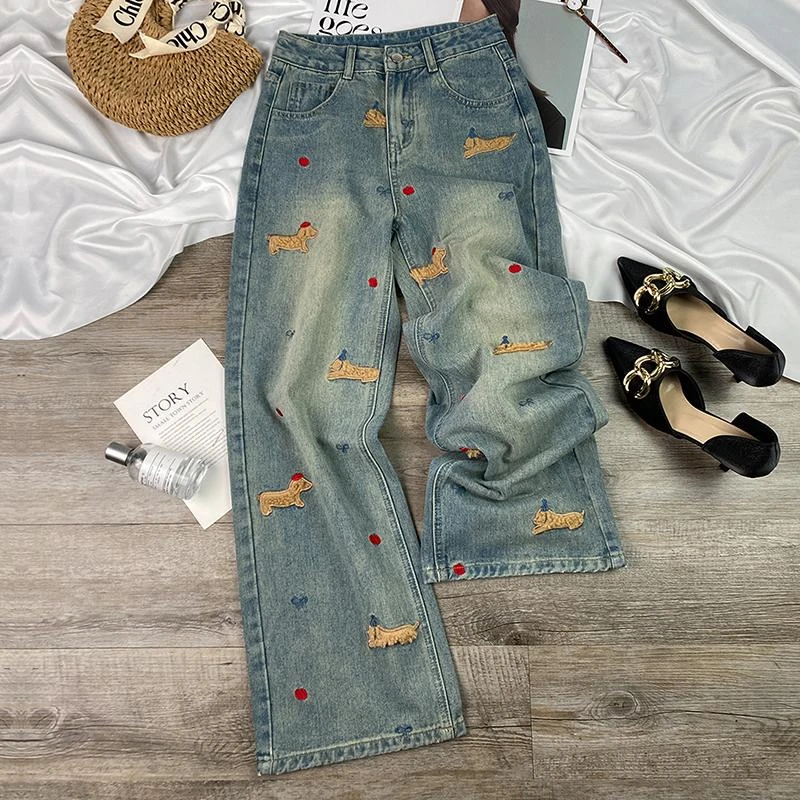 300斤大码胖mm小狗刺绣牛仔裤女春季裤子梨形身材显瘦直筒阔腿裤