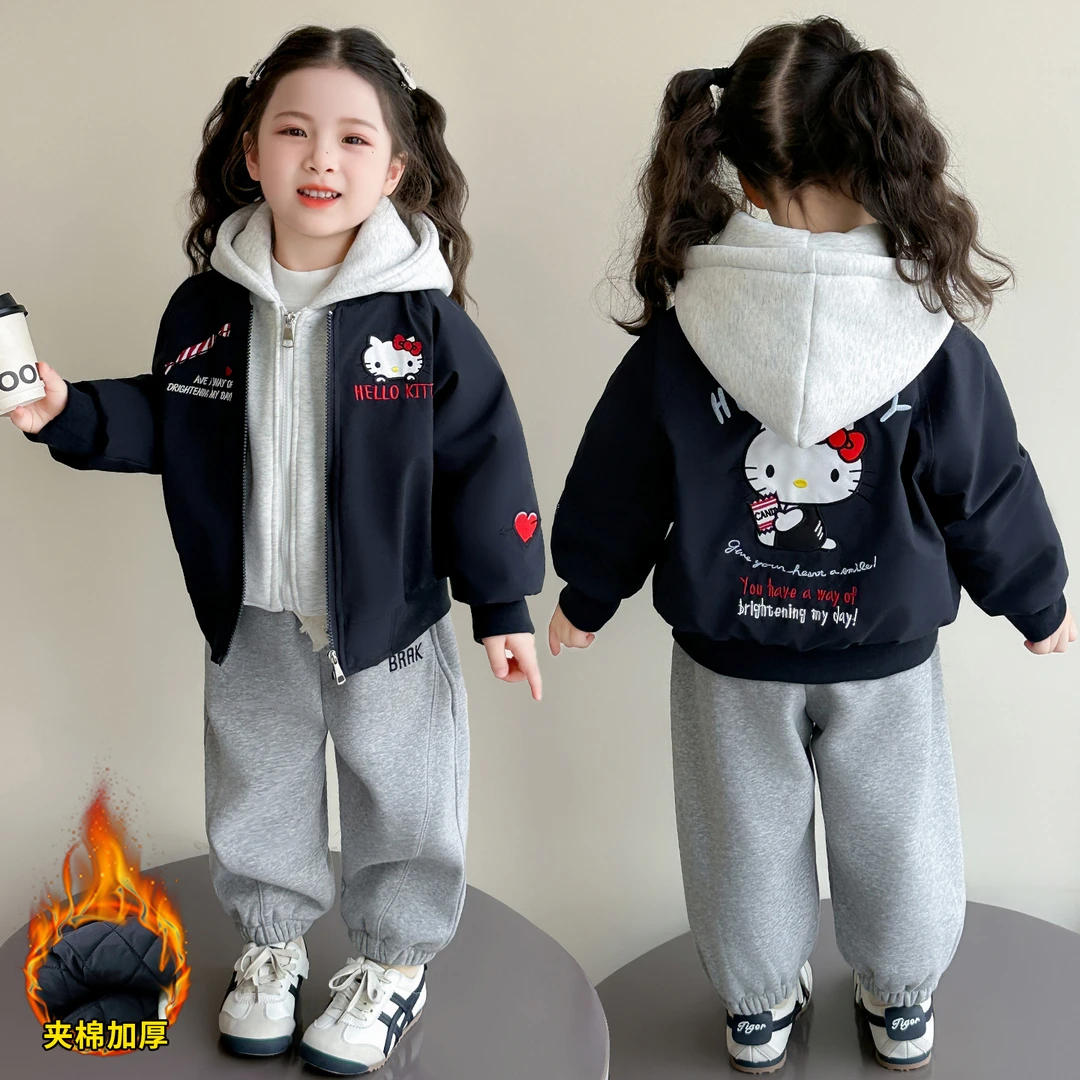 韩版女童洋气猫咪假两件夹棉外套2025新款冬季儿童休闲加厚棒球服