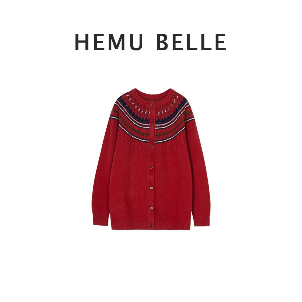 【费尔岛童话】绵羊毛开衫毛衣大码女装红色费尔岛长袖毛衣高端女装
