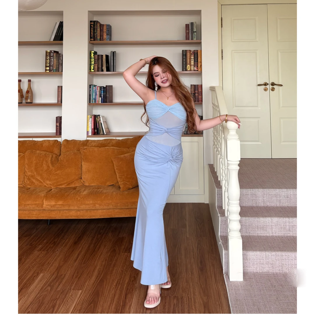 雾蓝絮语 吊带纯欲风夏季性感复古包臀褶皱设计连衣裙长裙G084